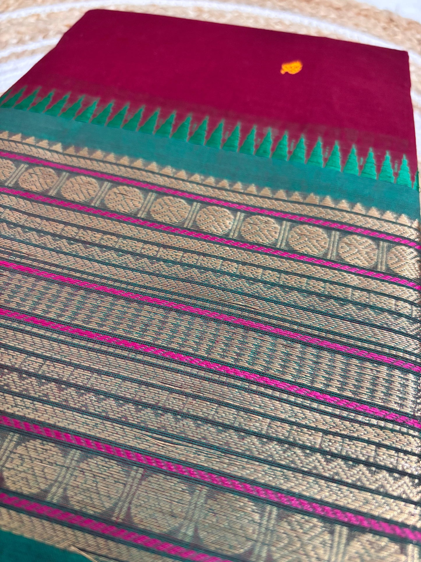 Nira - Evergreen Red Saree with Green Border & Motifs