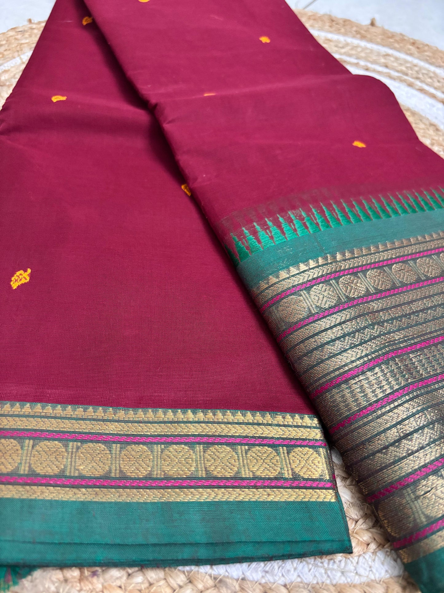 Nira - Evergreen Red Saree with Green Border & Motifs