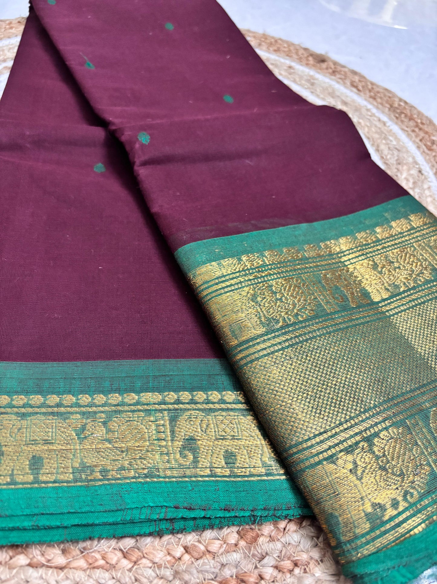 Nira - Purple Kanchi Cotton Saree with Green Border & Motifs