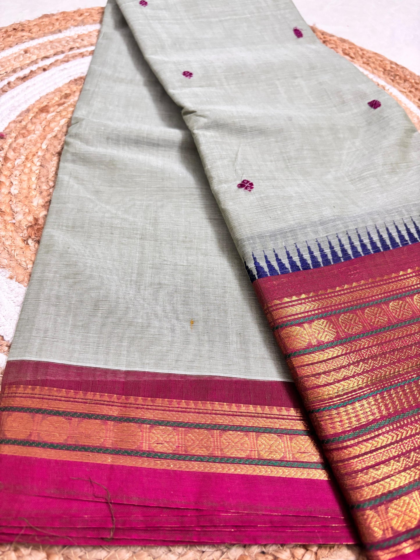Nira - Elegant Off-White Kanchi Cotton Saree with Pink Border & Motifs