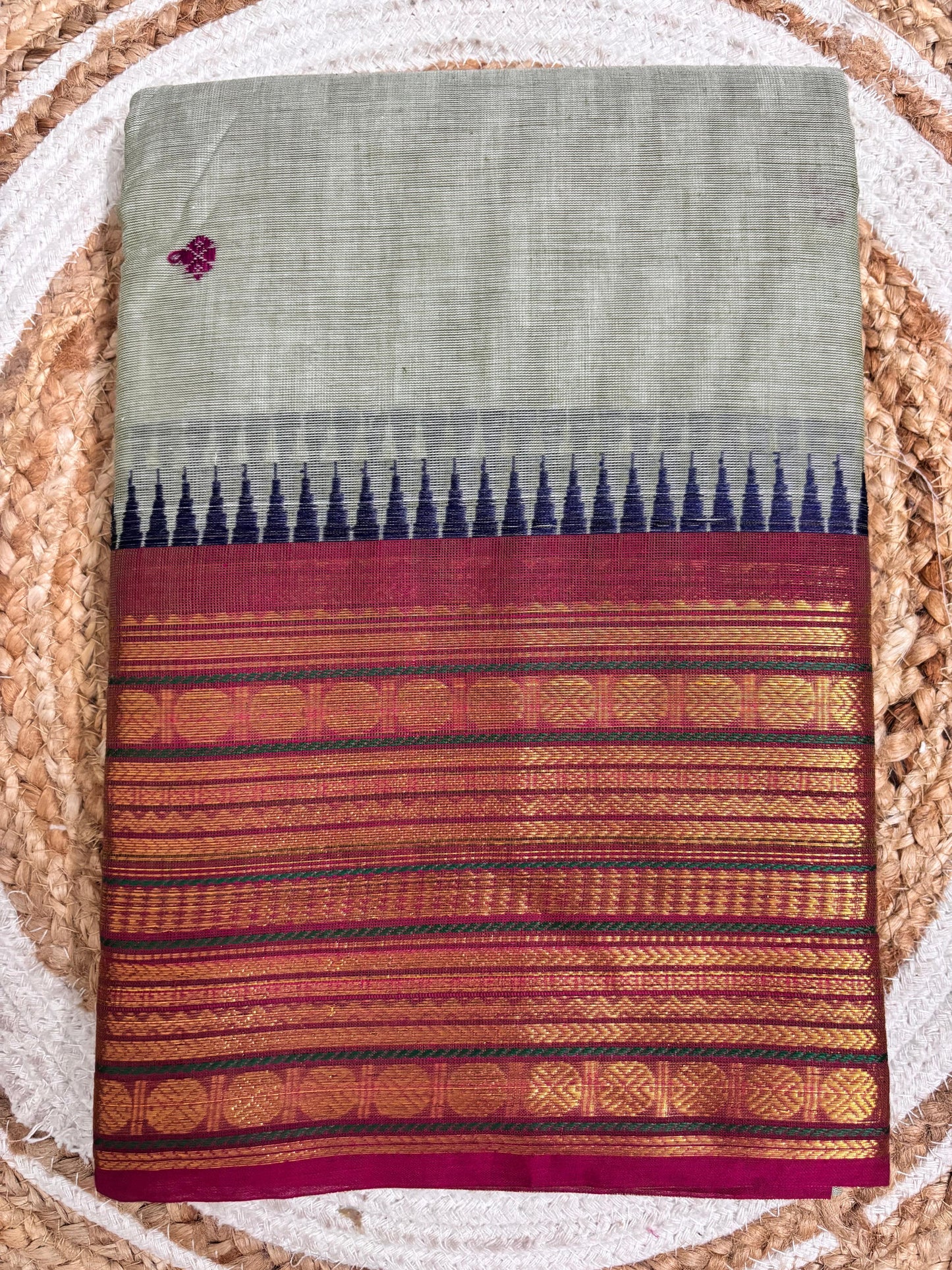 Nira - Elegant Off-White Kanchi Cotton Saree with Pink Border & Motifs