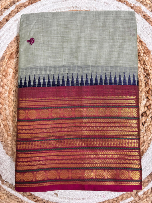 Nira - Elegant Off-White Kanchi Cotton Saree with Pink Border & Motifs