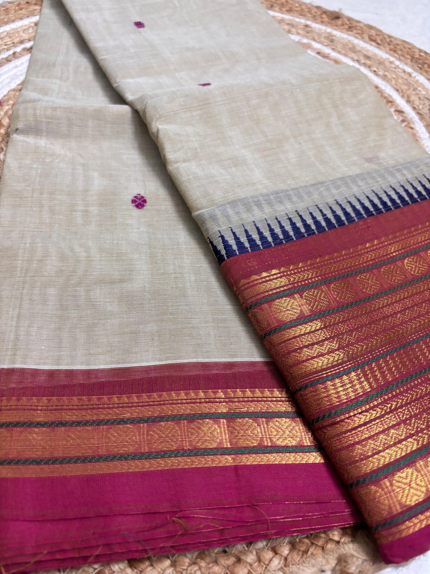 Nira - Classy Cream & Pink Kanchi Cotton Saree with Premium Feel