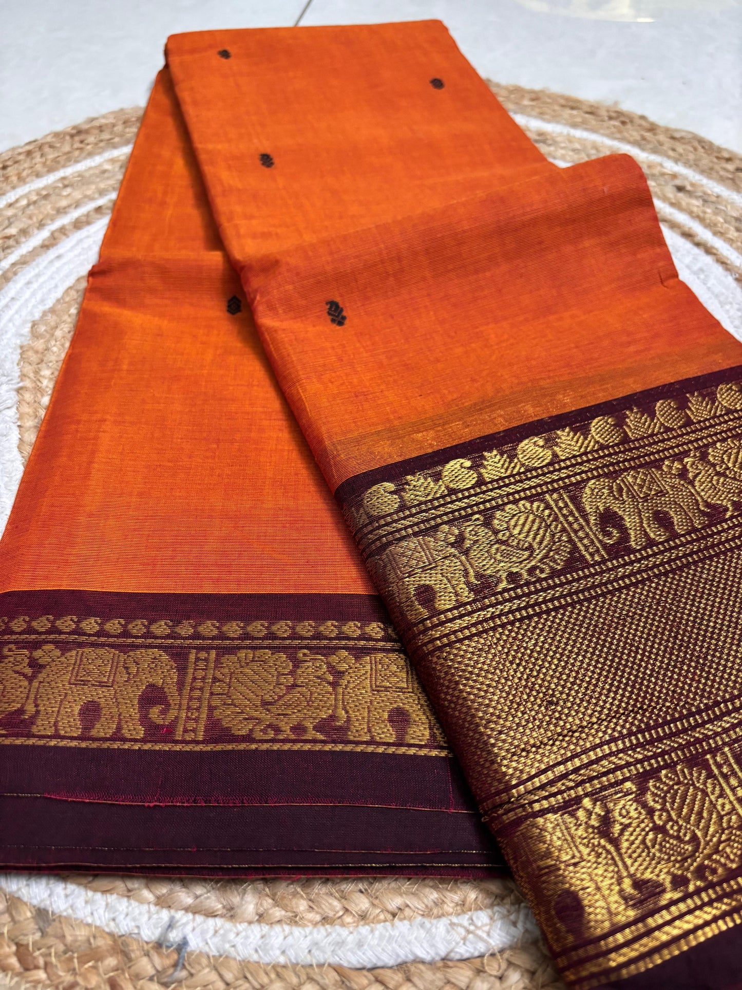 Nira - Burnt Orange Kanchi Cotton Saree with Brown Border & Motifs