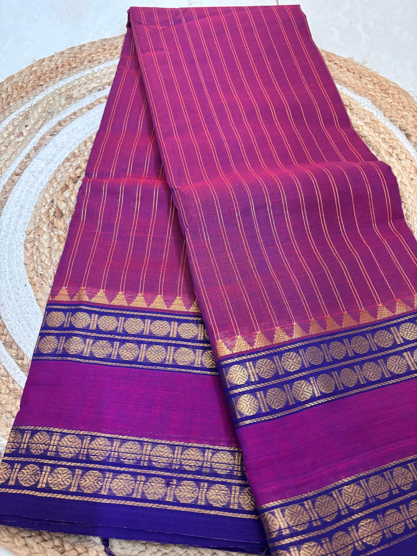 Nira- Kanchi Cotton Purple & Magenta Saree with Golden Zari Stripes