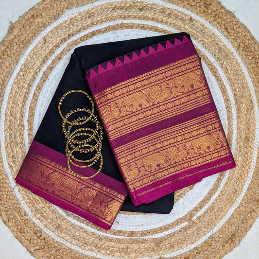 Nira - Elegant Black Kanchi Cotton Saree with Pink Border and Motifs
