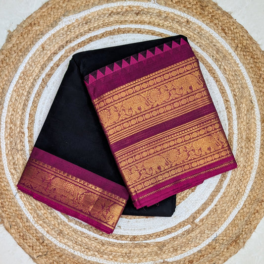 Nira - Elegant Black Kanchi Cotton Saree with Pink Border and Motifs