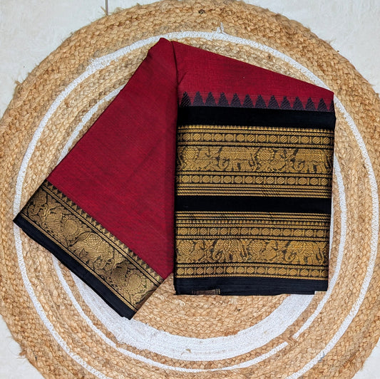 Premium Red Kanchi Cotton Saree with Black Border and Motifs