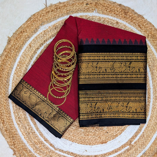 Premium Red Kanchi Cotton Saree with Black Border and Motifs