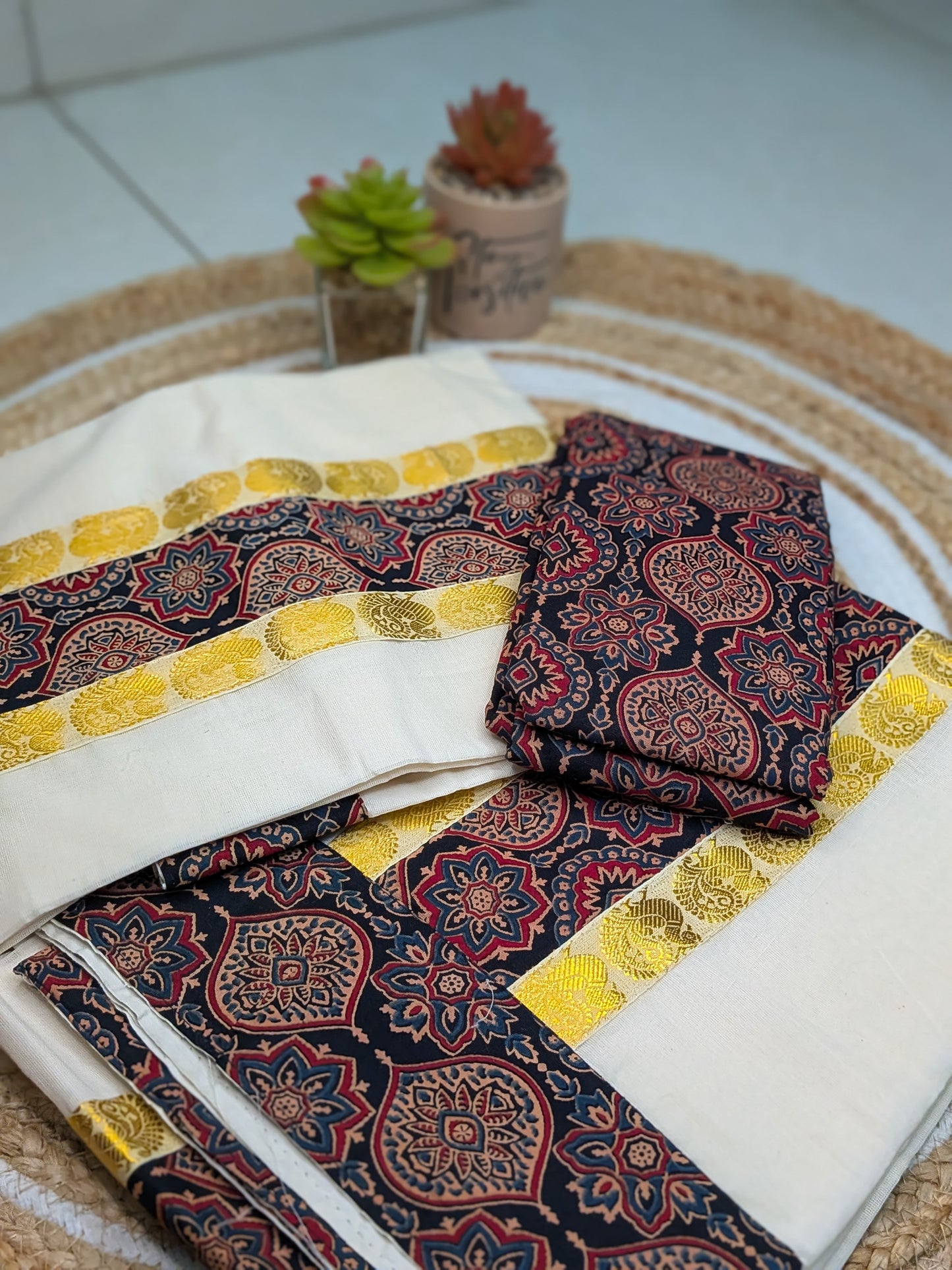 Varnika – Set Mundu with Ajrakh Prints & Peacock Butta Border