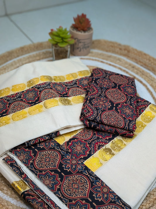 Varnika – Set Mundu with Ajrakh Prints & Peacock Butta Border