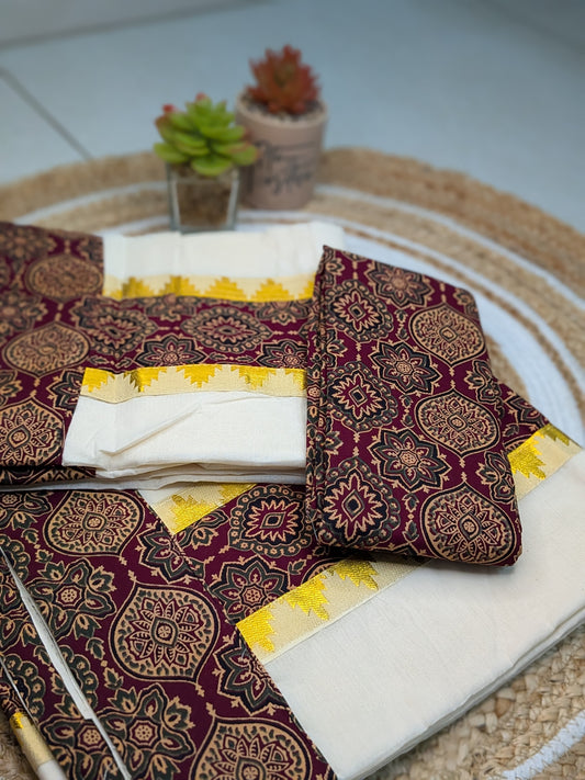 Varnika – Set Mundu with Ajrakh & Temple Design Borders