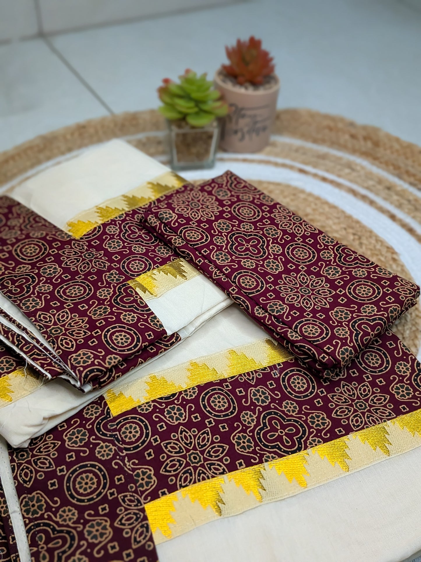 Varnika – Kerala Set Mundu with Ajrakh & Temple Design Border
