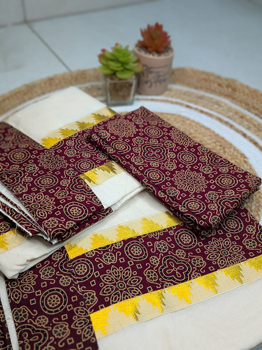 Varnika – Kerala Set Mundu with Ajrakh & Temple Design Border