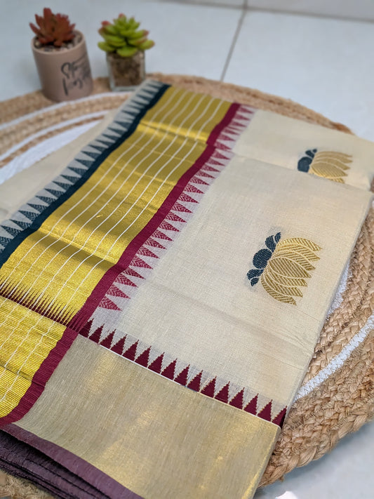 Ponnonam – Kerala Saree with Lotus Weaving & Dual Temple Borders