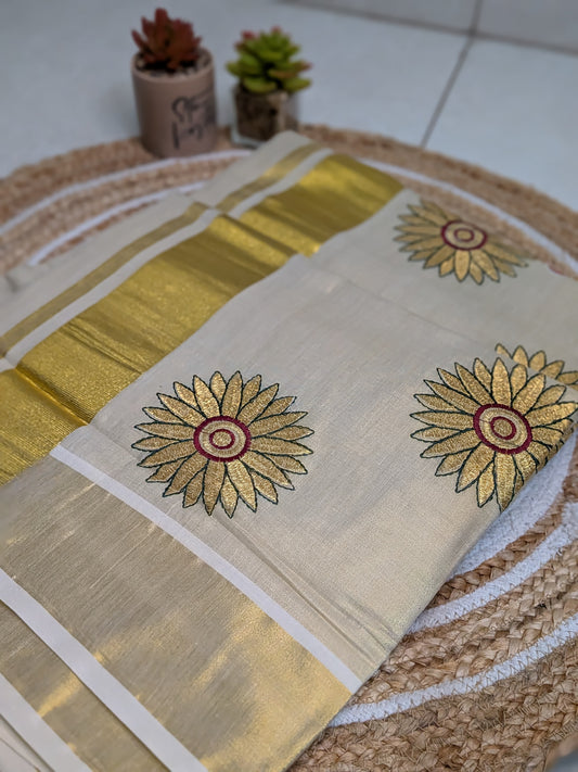 Ponnonam – Kerala Cotton Set Saree with Floral Embroidery