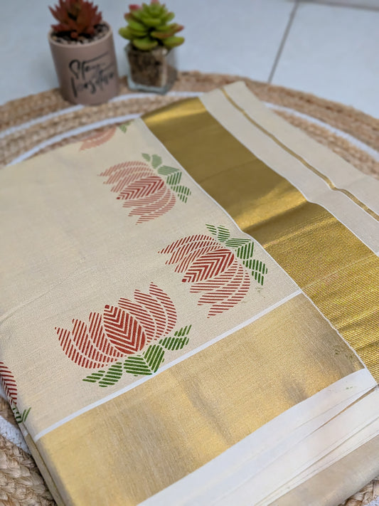 Ponnonam – Kerala Kasavu Saree with Lotus Prints