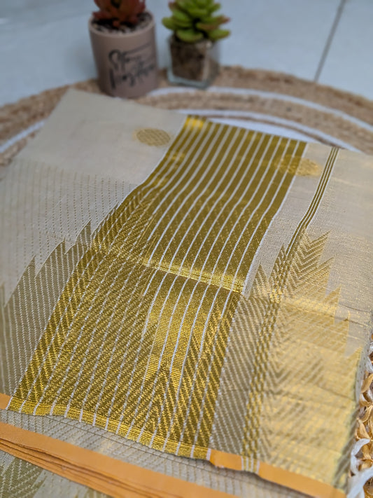 Ponnonam – Kerala Kasavu Saree with Polka Weaving & Temple Border