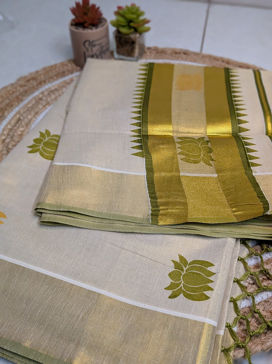 Ponnonam – Kerala Set Saree with Lotus Prints