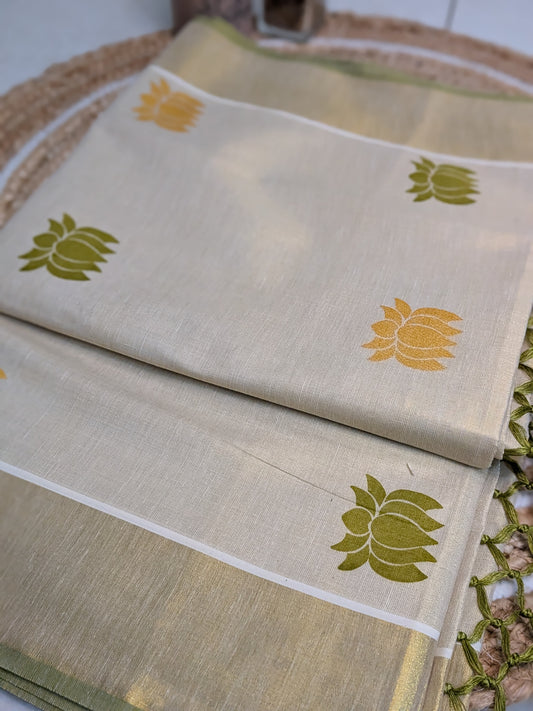 Ponnonam – Kerala Set Saree with Lotus Prints