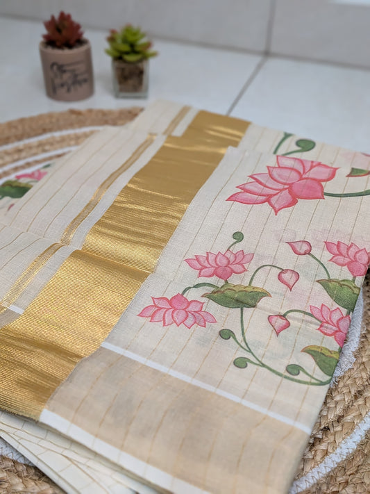Ponnonam – Kerala Tissue Saree with Lotus Floral Digital Prints
