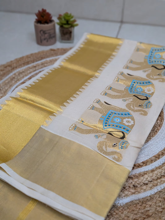 Ponnonam – Pure Handloom Saree with Vibrant Elephant Weaving