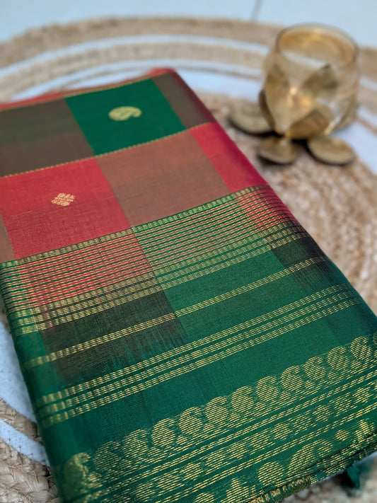 Paalum Pazhamum – Red & Green Checked Kanchipuram Silk Cotton Saree