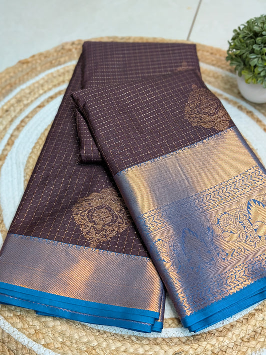 Nayika – Semi Silk Kanchipuram Saree in Earthy Brown with Royal Blue and Gold Zari