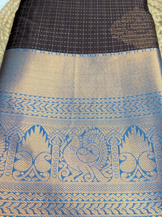 Nayika – Semi Silk Kanchipuram Saree in Earthy Brown with Royal Blue and Gold Zari