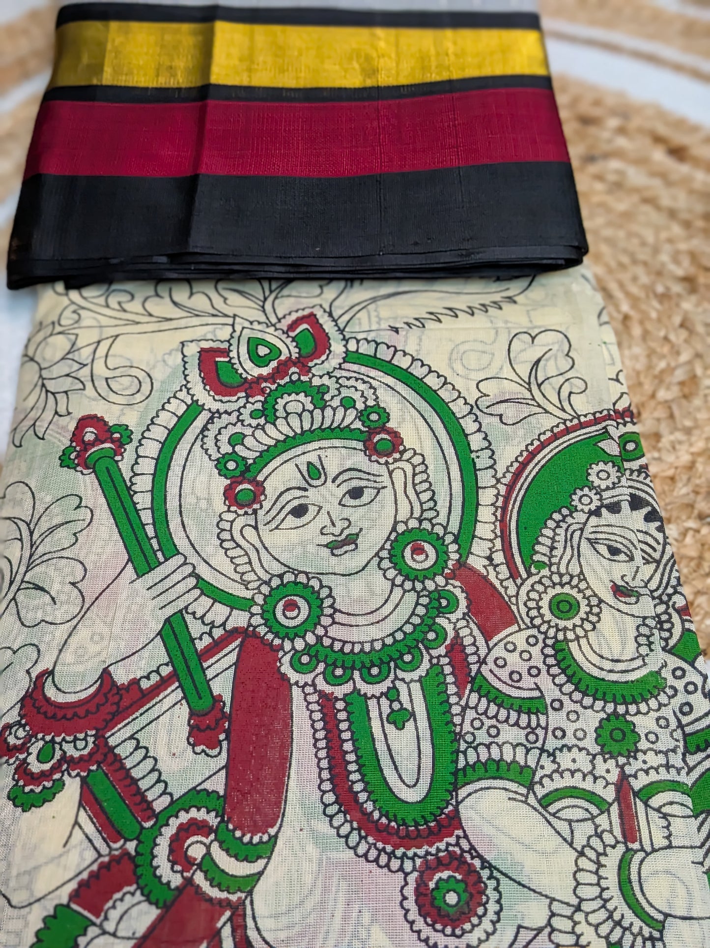 Varnam - Off-White Silk Cotton Saree with Kalamkari Radha Krishna