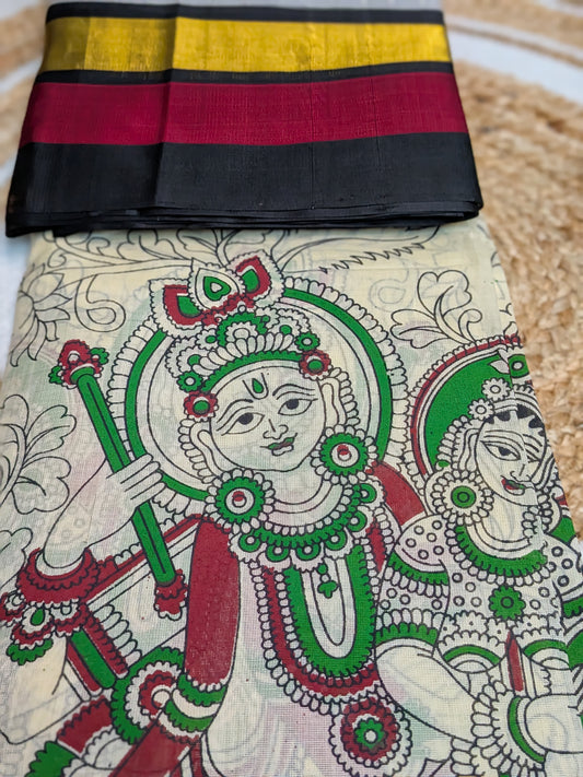 Varnam - Off-White Silk Cotton Saree with Kalamkari Radha Krishna