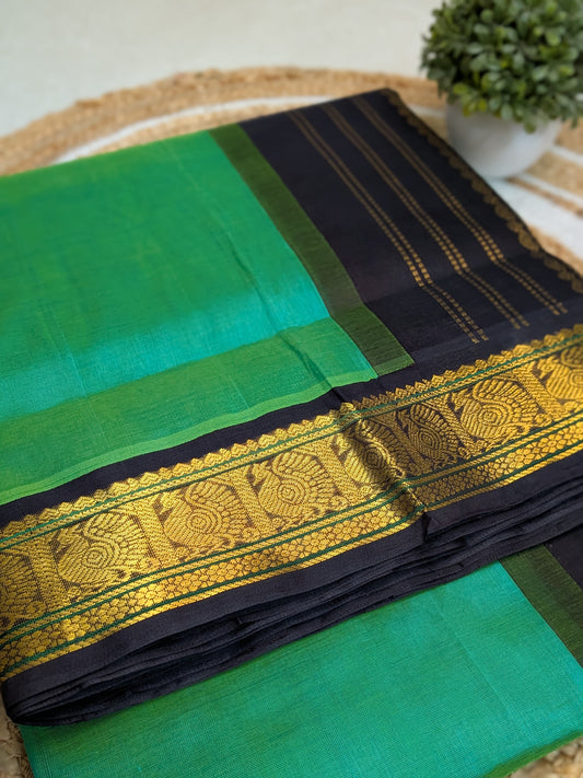 Varnam - Pure Kanchipuram Silk Cotton Saree in Green & Black Korvai