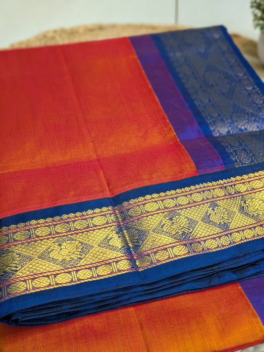 Varnam- Pure Kanchipuram Silk Cotton Saree in Orange & Royal Blue