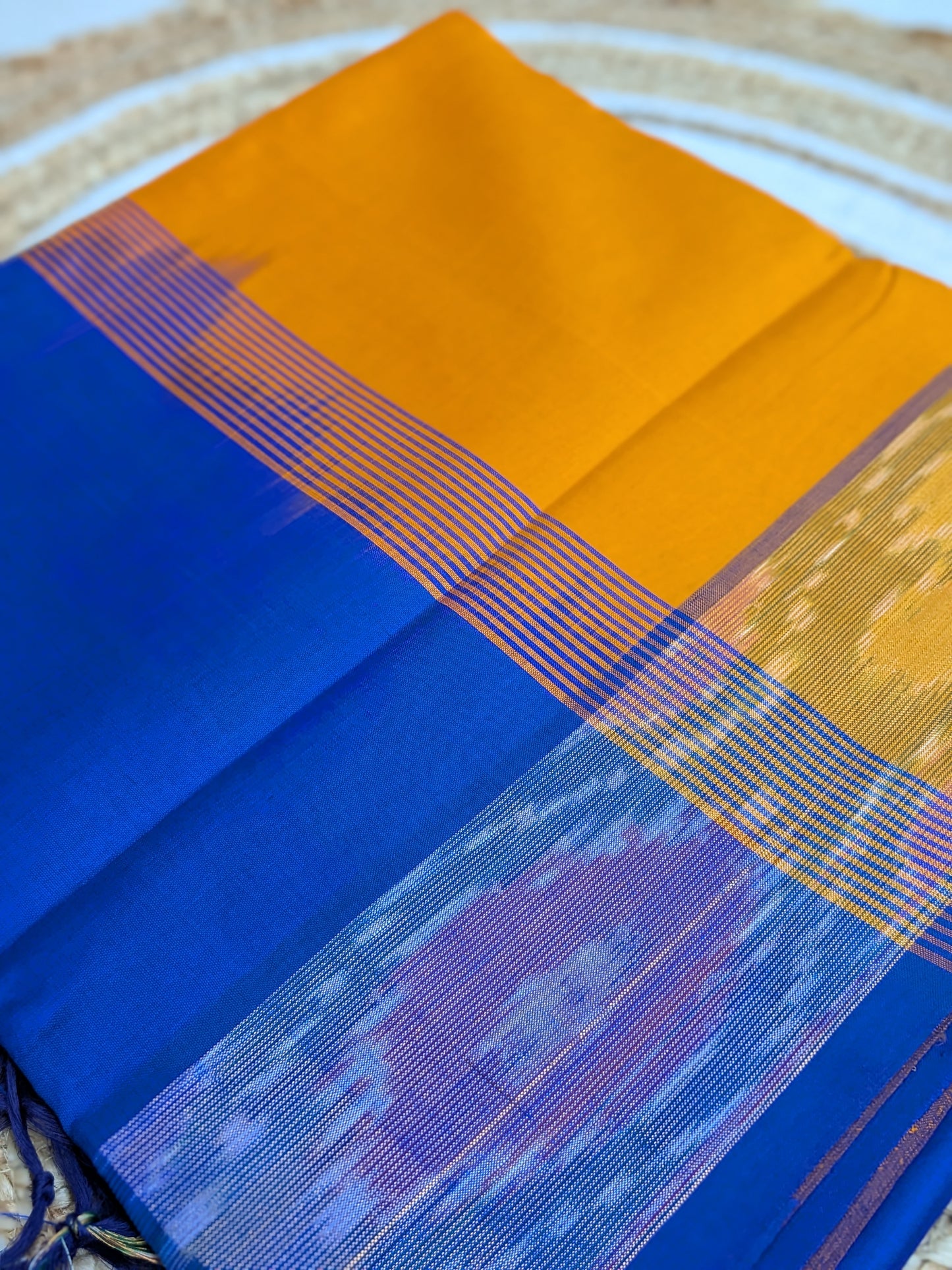 Varnam - Semi Silk Kanchipuram Saree in Mustard Yellow & Blue with Pochampally Border