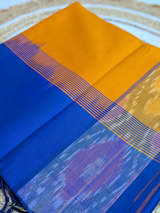 Varnam - Semi Silk Kanchipuram Saree in Mustard Yellow & Blue with Pochampally Border