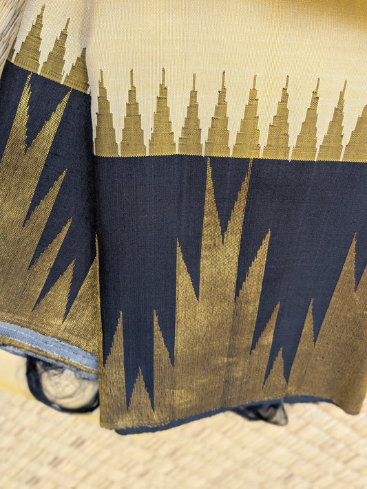 Taarakai - Pure Handloom Off-White Saree with Black & Gold Temple Borders