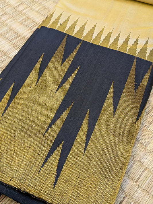 Taarakai - Pure Handloom Off-White Saree with Black & Gold Temple Borders