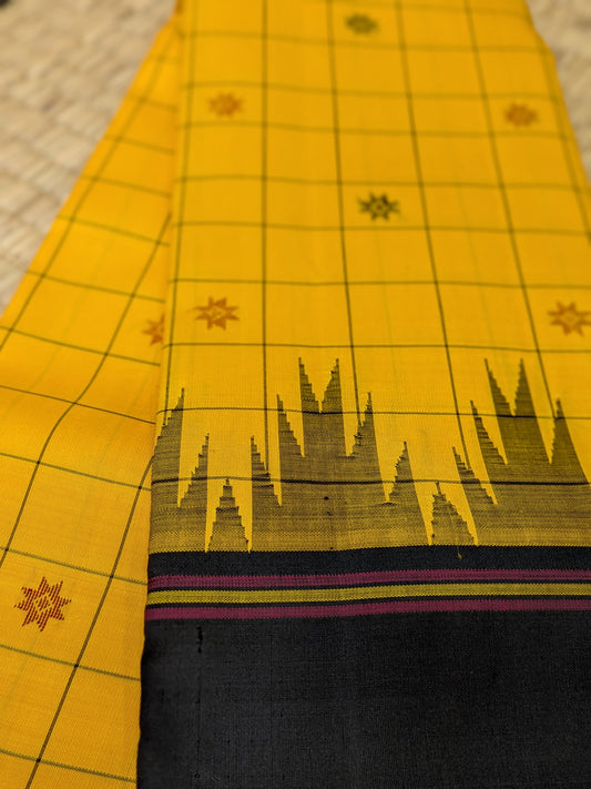 Taarakai – Pure Kanchipuram Handloom Saree in Yellow Checks with Black Long Border (No Zari)