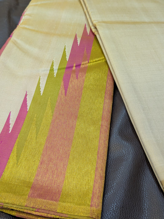 Thaarakai – Kanchipuram Pure Handloom Saree in Off-White with 8-Kol Temple Borders