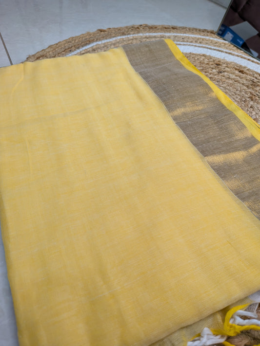 Mridula - Yellow & Off-White Mul Mul Cotton Kasavu Saree