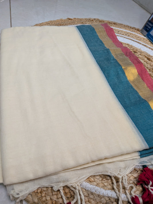 Mridula - Multi Border Mul Mul Cotton Kasavu Saree