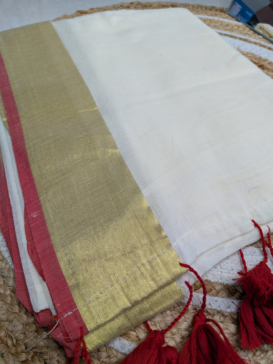 Mridula- Red Border Handloom Mul Mul Cotton Off-White Kasavu Saree