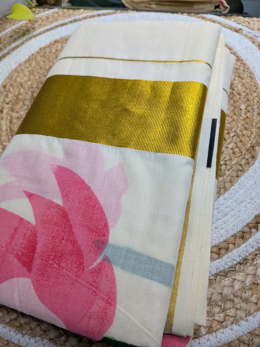 Ponnonam - Kerala Cotton Saree with Lotus Painting
