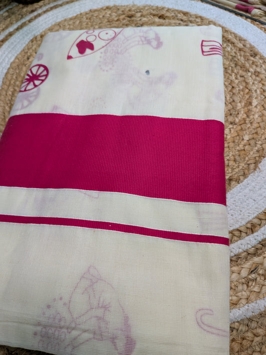 Ponnonam - Kerala Cotton Saree with Pink Border & Traditional Prints