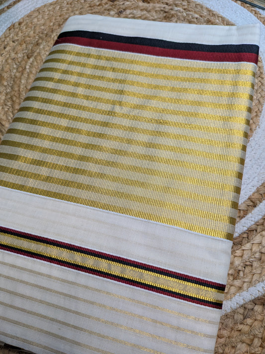 Ponnonam - Kerala Golden Stripes with Red, Black & Golden Border
