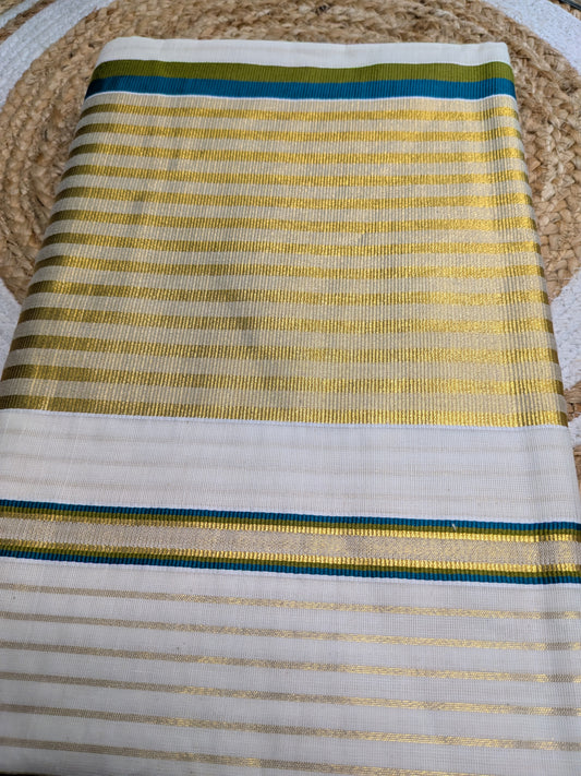 Ponnonam - Golden Stripes with Green, Blue & Golden Border