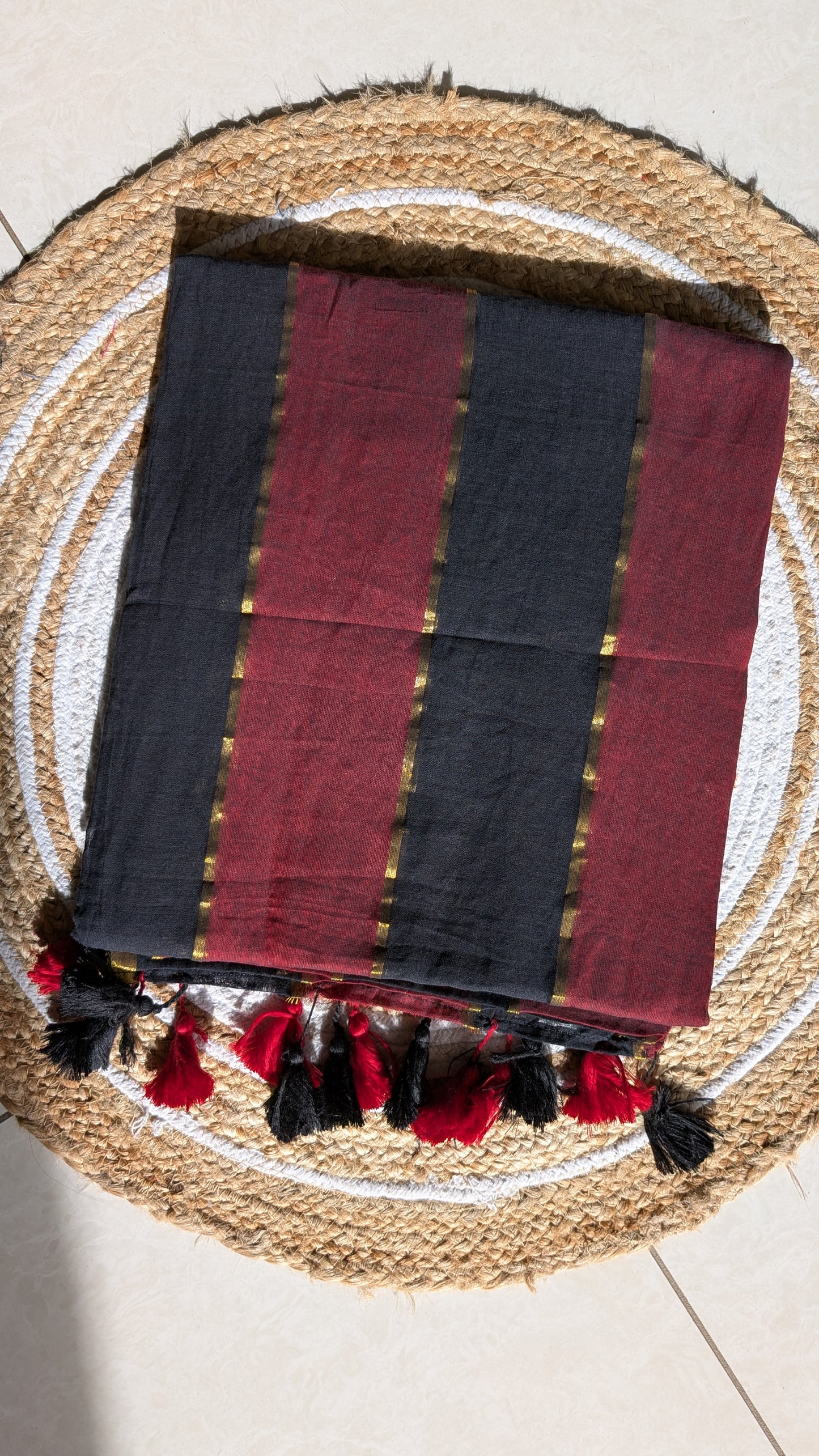 Mridula - Red & Black Striped MulMul Saree