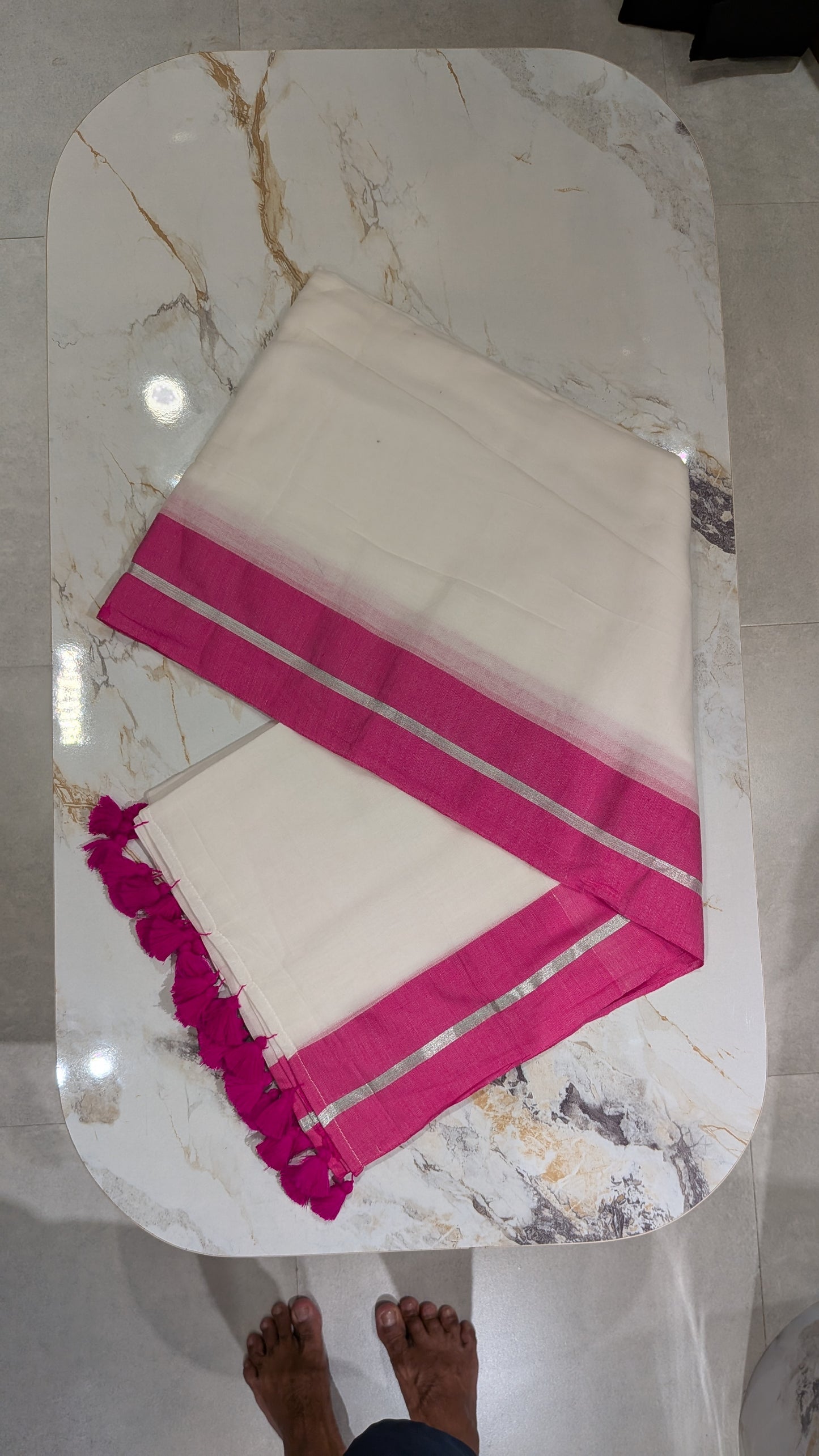Mridula - Pink and Silver Border white Mulmul saree