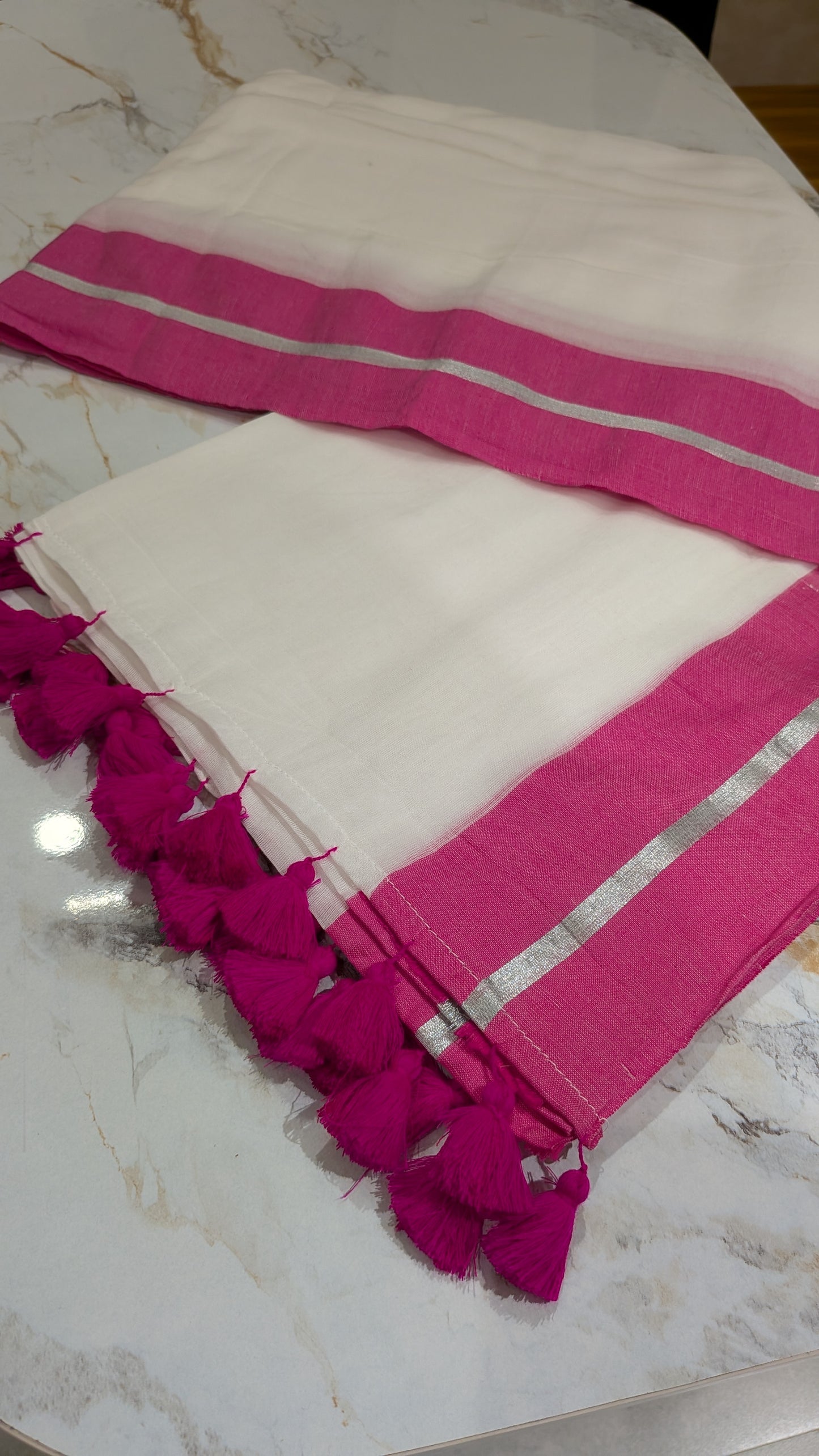 Mridula - Pink and Silver Border white Mulmul saree