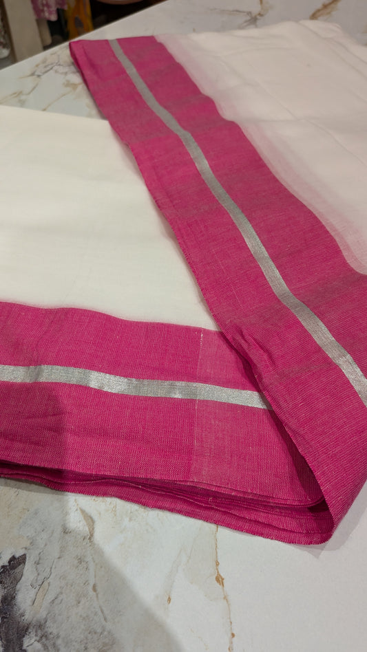 Mridula - Pink and Silver Border white Mulmul saree